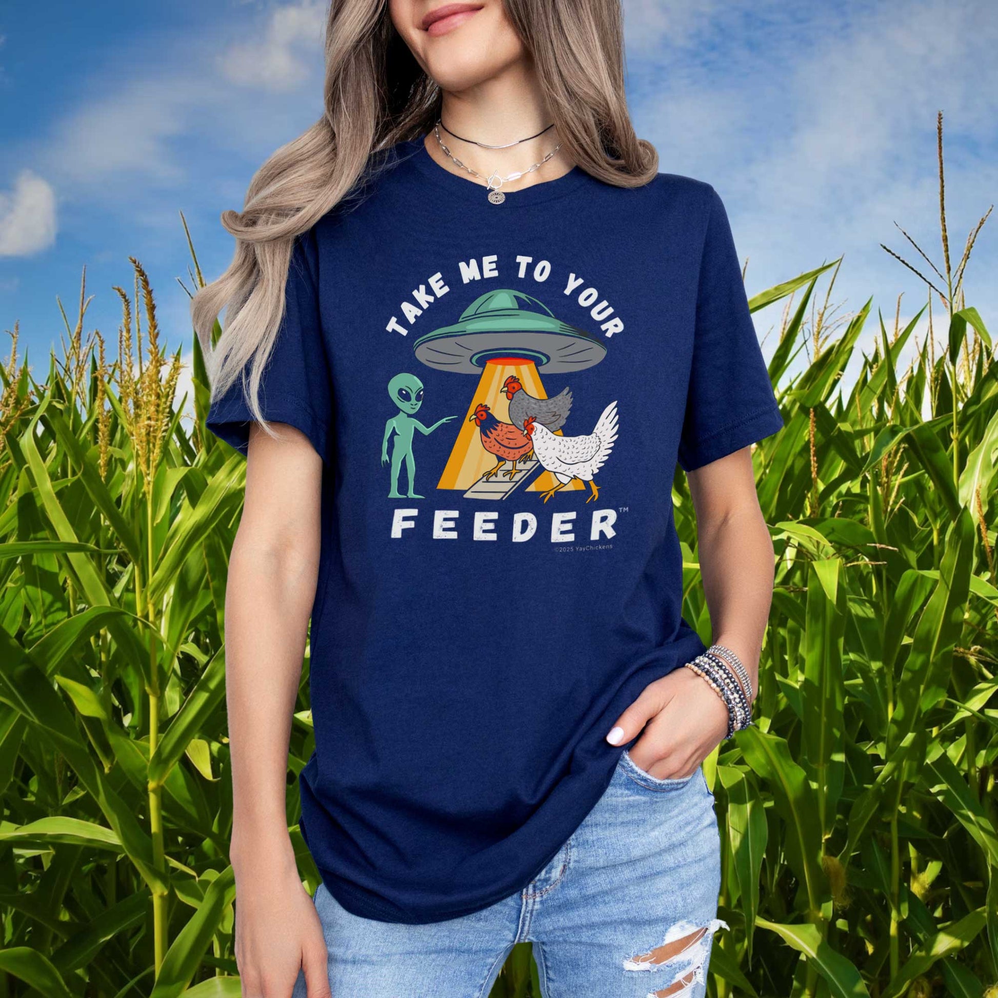 Take Me to Your Feeder – Funny Alien Chicken Tee by Yay Chickens!™