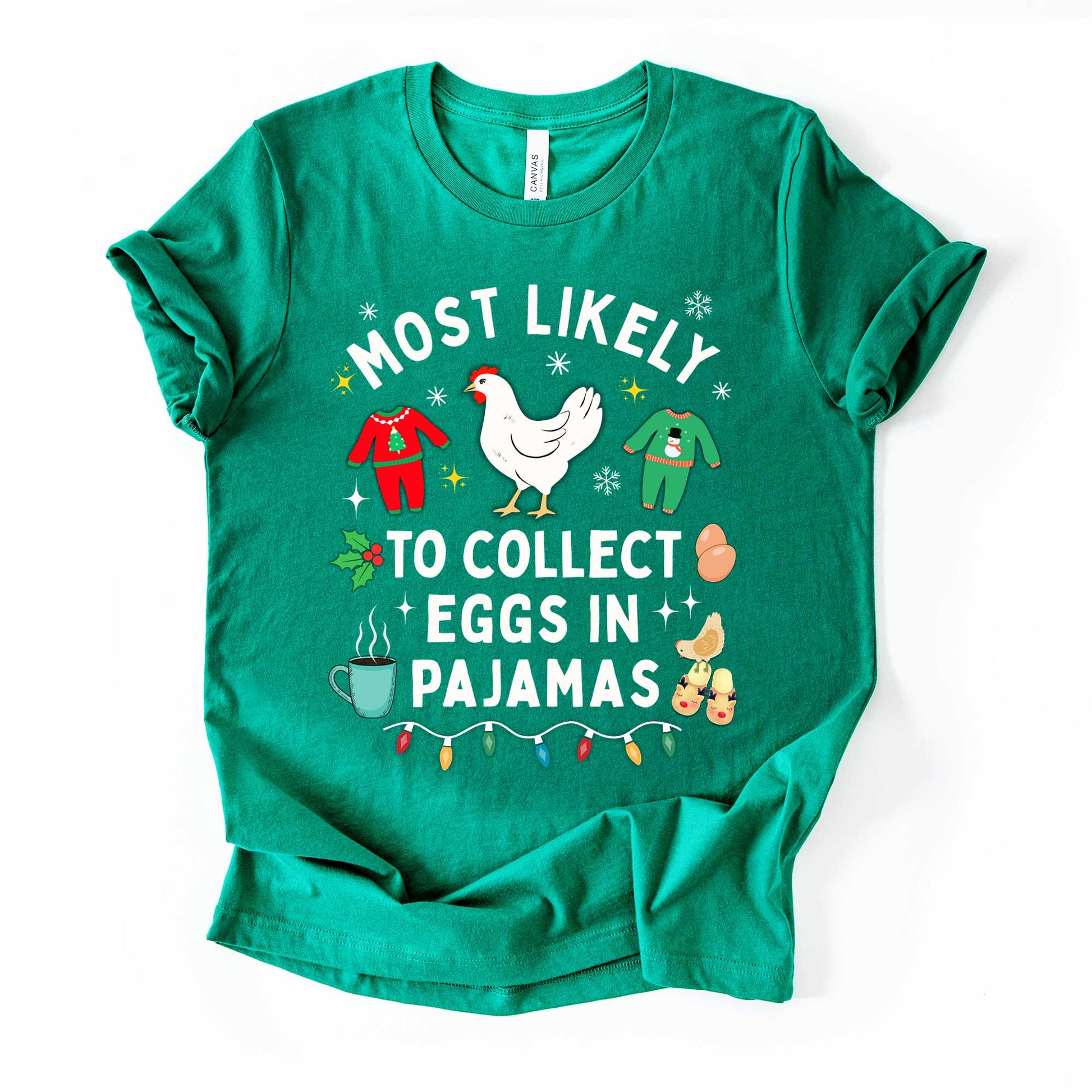 Funny Christmas Tee: 'Most Likely to Collect Eggs in Pajamas' Unisex Jersey Shirt